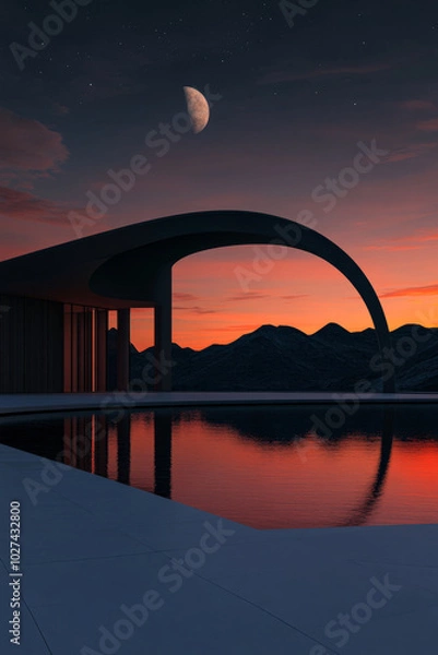 Fototapeta Stunning sunset reflects in tranquil pool with modern architecture and mountains in background