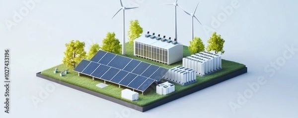 Fototapeta Isometric illustration of a sustainable energy system with solar panels, wind turbines, and battery storage units in a green environment.