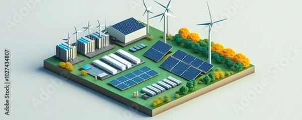 Fototapeta 3D illustration of a renewable energy facility with solar panels, wind turbines, and storage units on a green site, promoting sustainable power.