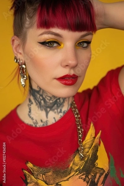 Fototapeta Vibrant Portrait: A Stylish Individual with Bold Makeup and Tattoos Against a Yellow Background, Perfect for Fashion and Art Illustrations