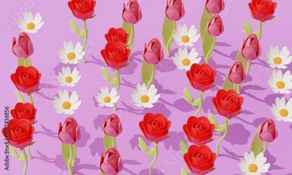 Fototapeta Field with flowers of chamomile, roses and tulips on a lilac background. 3d rendering 