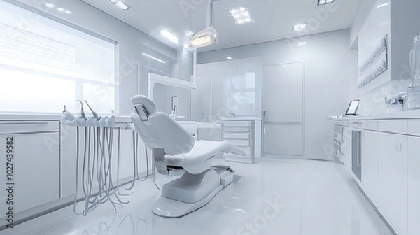 Obraz A modern dental office with a bright and clean design. The room features a comfortable dental chair, a large window, and a sleek countertop.