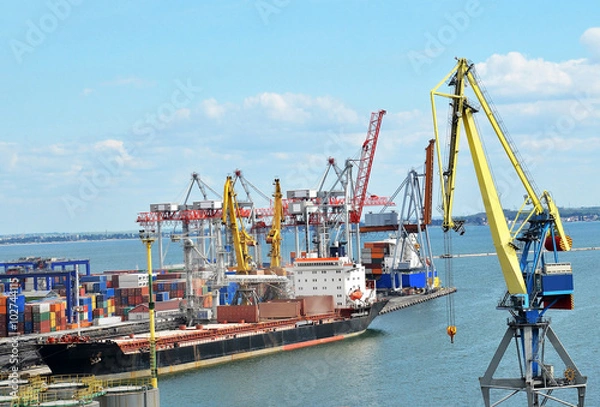 Fototapeta Container stack and ship under crane bridge