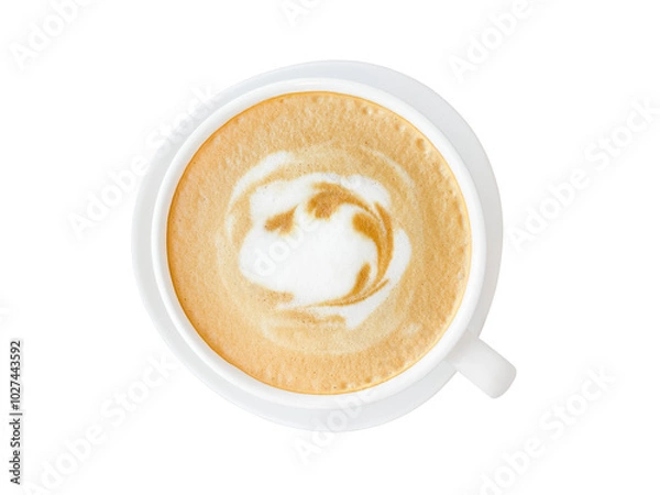 Fototapeta Coffee, cappuccino, coffee with milk in a white glass mug. The drawing on the coffee foam. View from above. On a white background. Isolated. A place for the text. Copy space