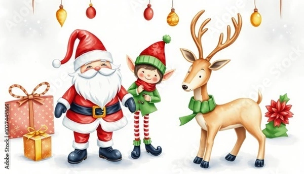 Fototapeta Toy Santa, elf, and deer: New Year and Christmas elements watercolor illustration AI Generate