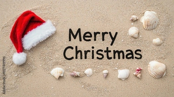Fototapeta Merry Christmas Written in Sand with Beach Elements