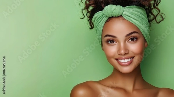 Obraz A young American woman smiles with a light green background, showcasing her fresh skin and beauty routine in a spa-like setting