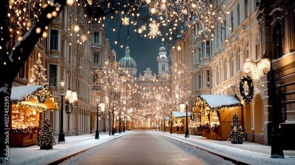 Obraz Charming winter streets adorned with twinkling lights and festive decorations from historic European Christmas markets at night