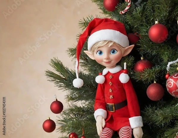 Fototapeta Christmas elf character,large blue eyes and a red nose,It's wearing a red Santa hat