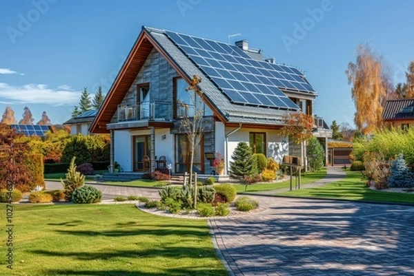 Fototapeta A large house with a lot of windows and a solar panel on the roof,generative ai image