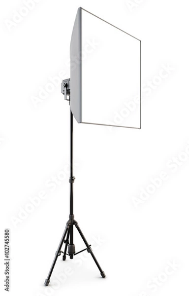Fototapeta Studio strobe with softbox isolated on white background. 3d.