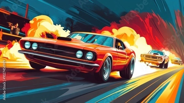 Obraz Vector illustrations of a drag racing event, showcasing powerful cars accelerating in a thrilling competition