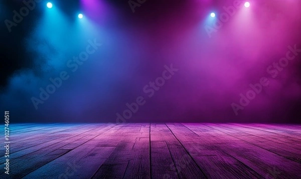 Fototapeta A dark, smoky background with wooden floorboards illuminated by three spotlights, two purple and one blue, creating a dramatic scene.
