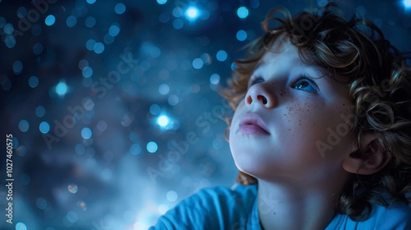 Fototapeta A child gazes at a starry projection on the wall in a dimly lit room, captivated by the cosmos at night
