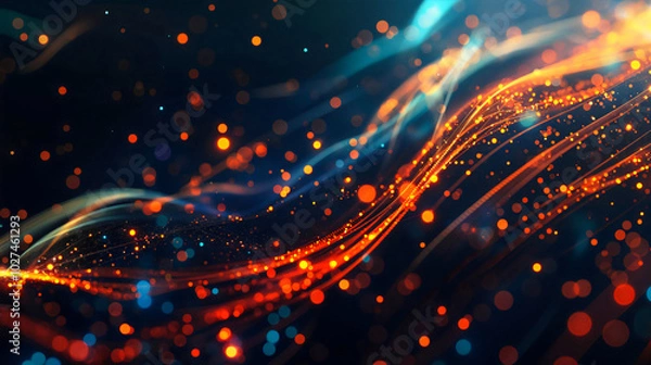 Obraz Abstract background with colorful glowing lines and bokeh lights on dark space, in the style of futuristic digital technology concept.