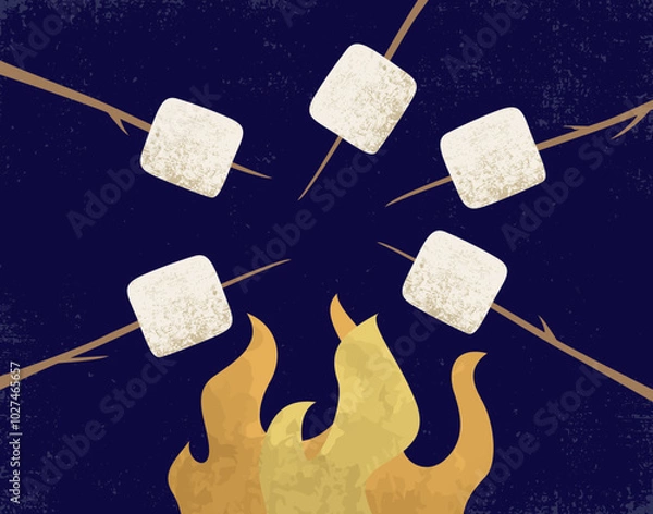 Obraz Toasting marshmallows over an open fire, in a cut paper style with textures
