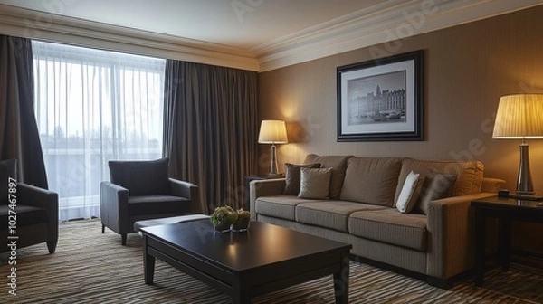 Fototapeta Spacious and cozy living room features a comfortable sofa, ambient lighting, and modern furnishings, offering an inviting and relaxed atmosphere for all.