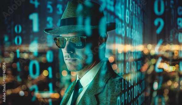 Obraz Corporate Spy Analyzing Encrypted Data in High-Tech Cybersecurity Concept
