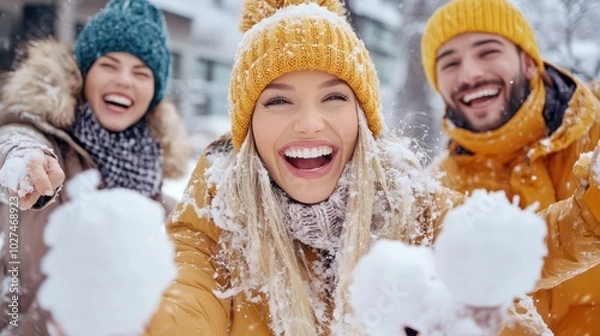 Fototapeta Friends enjoying a cheerful winter day playing snowball fights and sharing laughter in a snowy outdoor setting