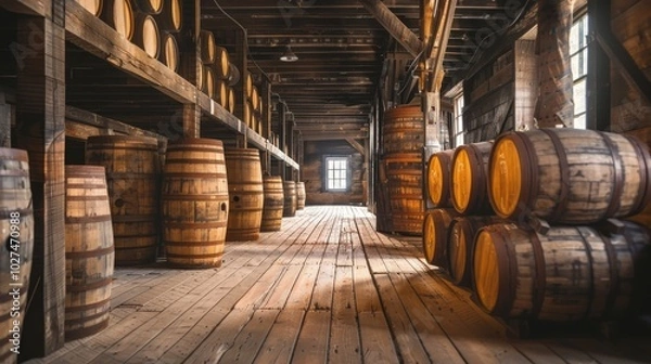 Obraz Rustic warehouse featuring neatly stacked wooden whiskey barrels and warm aging atmosphere