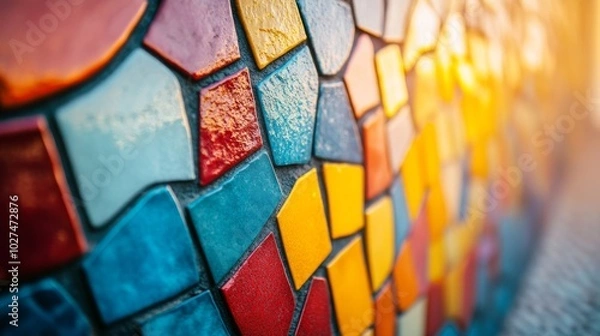 Obraz A closeup of a mosaic wall showcases a vibrant blend of colorful geometric patterns, creating a lively and dynamic visual experience of color and form.