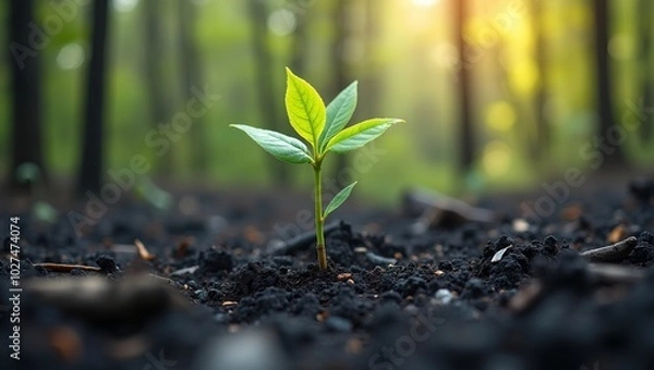 Fototapeta Symbol of new life sapling rising from ashes in burned forest