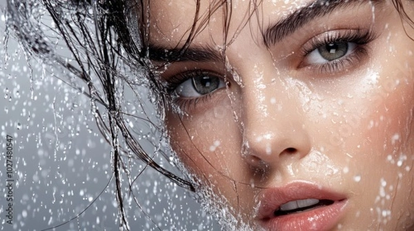 Fototapeta Drenched in water, a woman's captivating gaze and glossy red lips create dramatic contrast in soft light