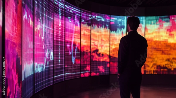 Obraz Bond market yield curves adjusting to macroeconomic changes, visualized on digital screens with dynamic graphs showing interest rate shifts and market fluctuations
