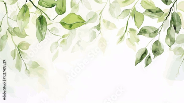Obraz A soft watercolor background featuring delicate green leaves hanging from above. Perfect for nature-inspired designs, invitations, or botanical themes