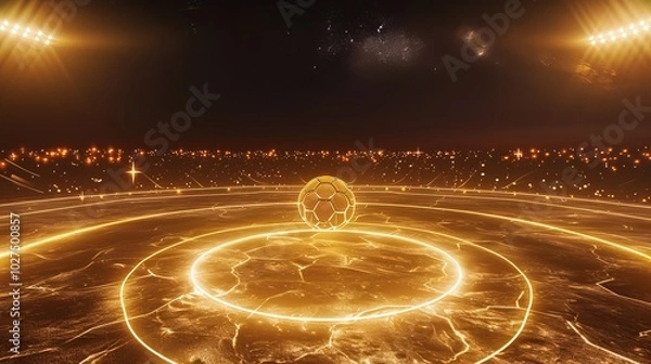 Fototapeta futuristic soccer field in space. Pleasant lighting. Photo realistic. 8k. Big gold soccer ball in the middle, generative Ai 