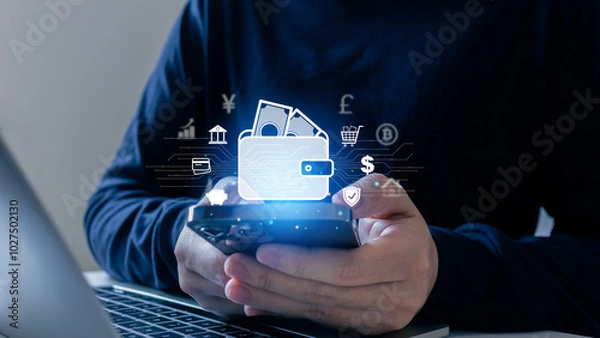Obraz Businessman using Digital Wallet on smartphone.E-wallet, digital money blockchain, transfer,Online Payment, Transactions, Mobile banking, credit card, financial, and global business online.