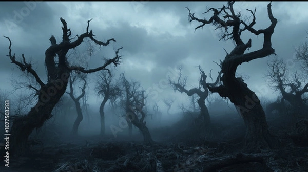 Obraz A haunting forest scene with twisted, leafless trees standing in the shadows of a gloomy, overcast sky. The atmosphere is filled with dense fog, creeping through the barren landsca