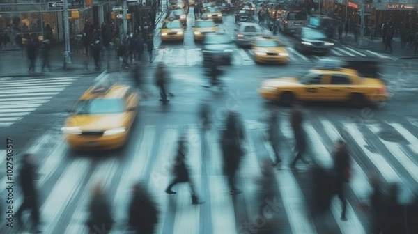 Fototapeta Blurred people and vehicles in the city, showcasing a busy city scene with indistinct people and vehicles moving through the streets, highlighting the energy and motion of urban environments.