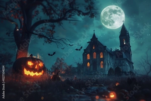 Fototapeta A Halloween scene with a large pumpkin and bats flying around a church