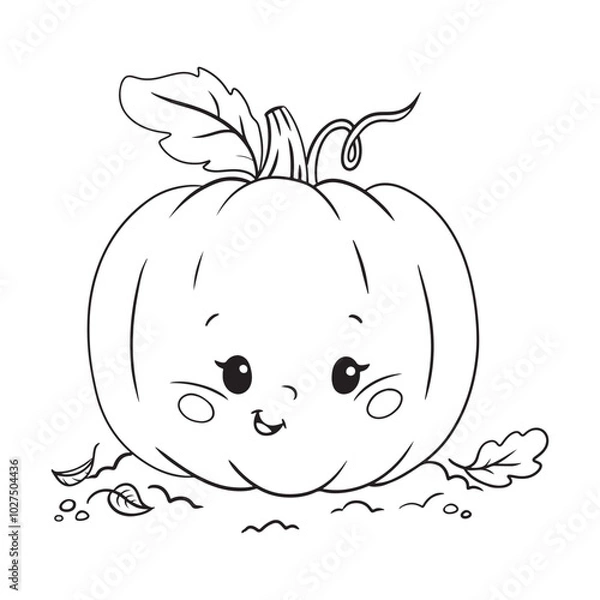 Obraz cute smiling pumpkin with leaves in cartoon style,black outline vector illustration isolated on white background, design for coloring or activity books for children and toddlers