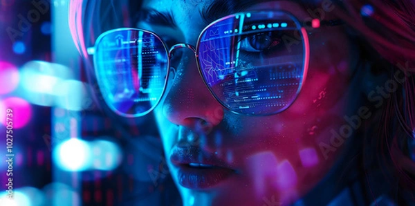 Obraz A futuristic woman wearing smart glasses with holographic data and information floating in front of her face.