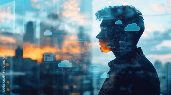 Fototapeta Double exposure Businessman integrates cloud-based platforms for seamless communication with global partners.