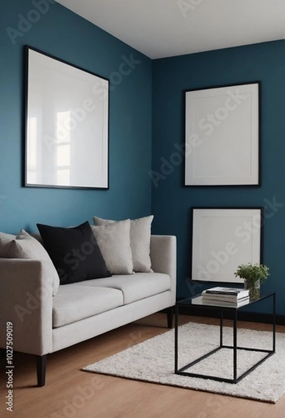 Obraz A modern living room interior design mock-up template with an empty reflective poster frame on a wall 3d illustration, interior design mock-up image.