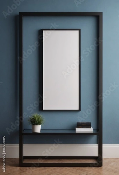 Fototapeta A modern living room interior design mock-up template with an empty poster frame on a wall 3d illustration, interior design mock-up image.