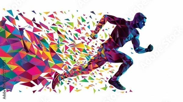 Obraz A vibrant, abstract runner is depicted in a dynamic pose, with a colorful burst of geometric shapes behind him, conveying speed and energy.