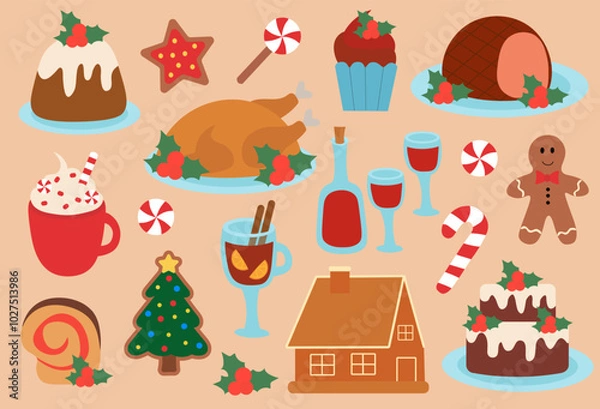 Fototapeta Set of Christmas Food elements. Winter holidays Dishes. Vector flat illustration.