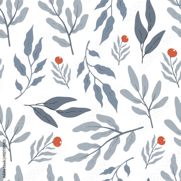 Fototapeta Winter seamless pattern with leaves and berries on white background, vector design for wallpapers, wrapping paper, fabric