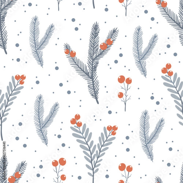Fototapeta Winter seamless pattern with leaves and berries on white background, vector design for wallpapers, wrapping paper, fabric