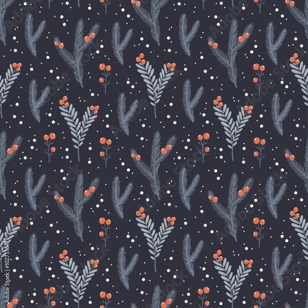 Fototapeta Winter seamless pattern with leaves and berries on dark background, vector design for wallpapers, wrapping paper, fabric