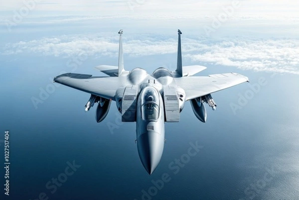 Obraz Sleek military jet fighter cruising at top speed over the ocean