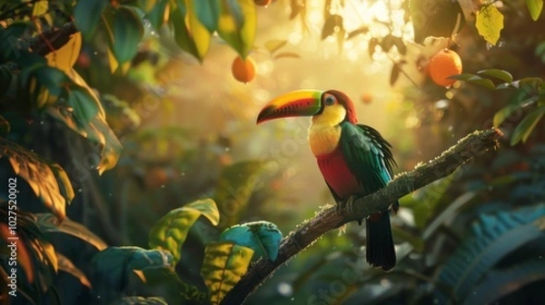 Fototapeta Toucan sitting on the branch in the forest, green vegetation, full of copy space, colorful wallpaper