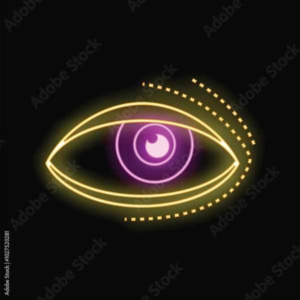 Fototapeta Neon sign showing an open eye with eyelashes, glowing yellow and purple on a black background