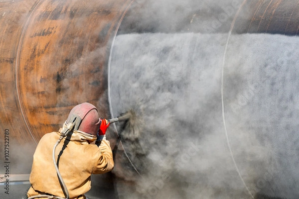 Obraz Sandblasting or abrasive blasting. Portable blast systems use either a welded pressure vessel, to overcome nozzle backpressure, to store and transfer abrasive media into a connected blast hose.