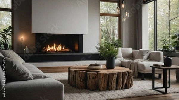 Obraz Fireplace against white sofa and rustic wooden coffee table. Scandinavian style home interior design of modern living room