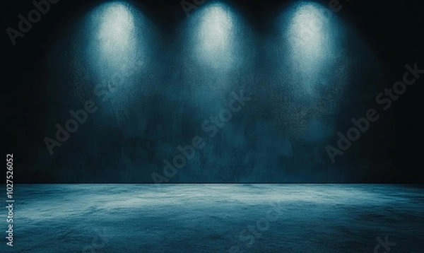 Fototapeta A dark room with a concrete floor and three spotlights shining on the wall.